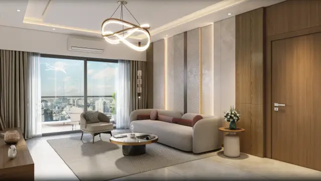 Show flat living room with balcony views