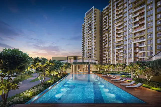 Swimming pool and landscaped deck at Vyomora