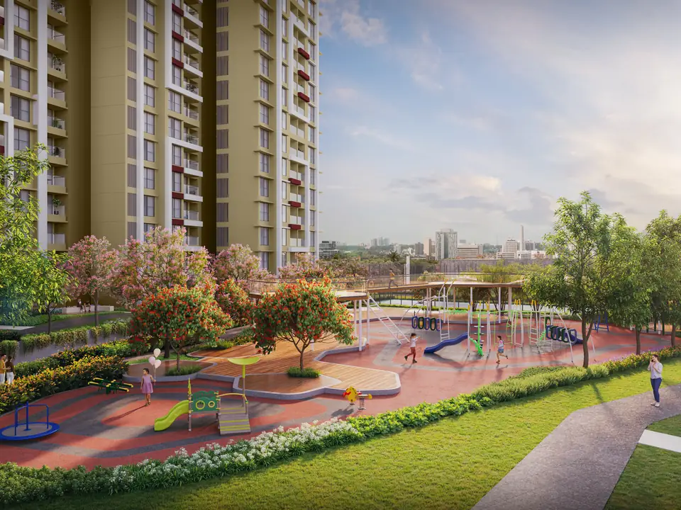 Architectural rendering of landscaped community play areas at Vyomora
