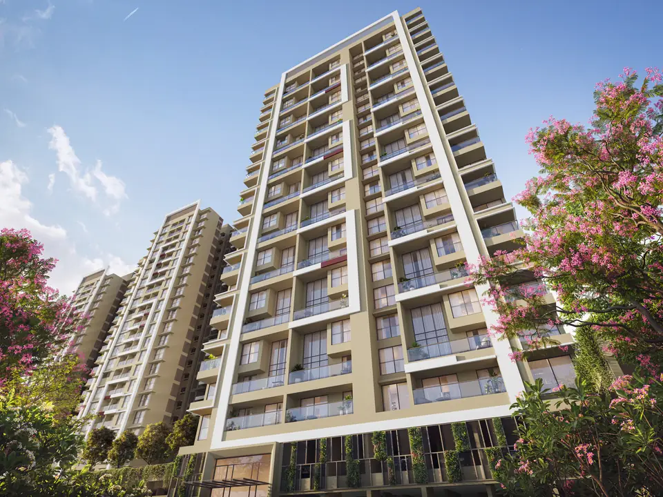Architectural rendering looking up at Vyomora residential towers