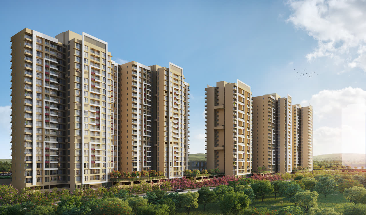 Architectural rendering of Vyomora residential towers surrounded by landscaped greens